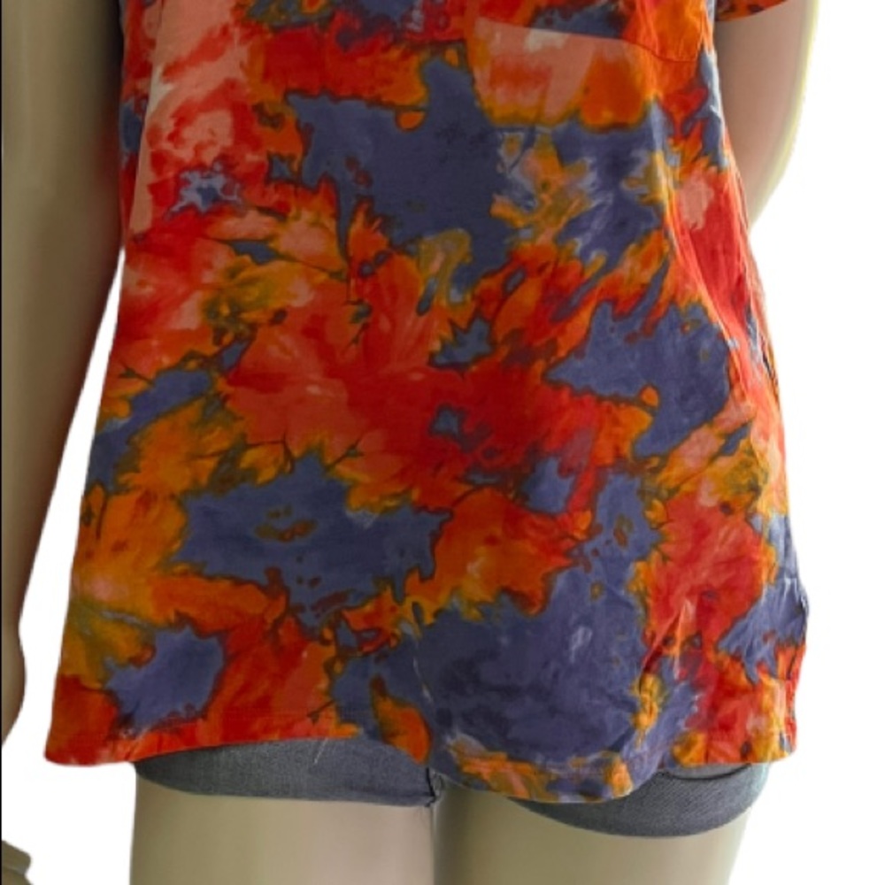 Ambiance | Women’s Shirt Blue - Red -  Orange Tie Dye Chest Pocket Basic Shirt - Picture 6 of 16